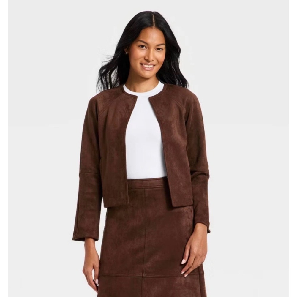 A New Day Womens Faux Suede Open Front Jacket Brown Large Collarless Cardigan